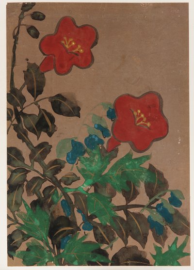 Červené a modré květy a listy, období Edo, 1615-1868. od Unbekannt