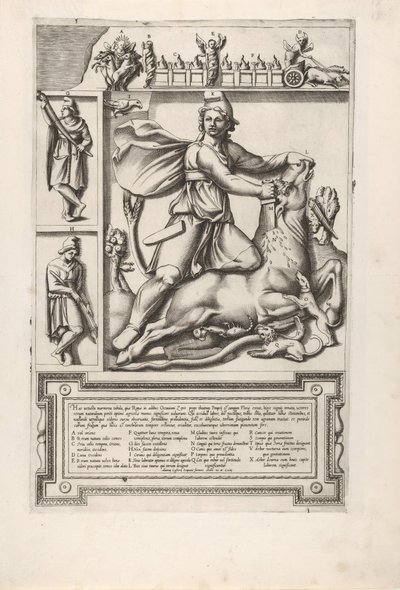 Reliéf s Mithrasem klečícím na býkovi a vrážejícím mu meč do ramene, vlevo tw..., 1564. od Unbekannt