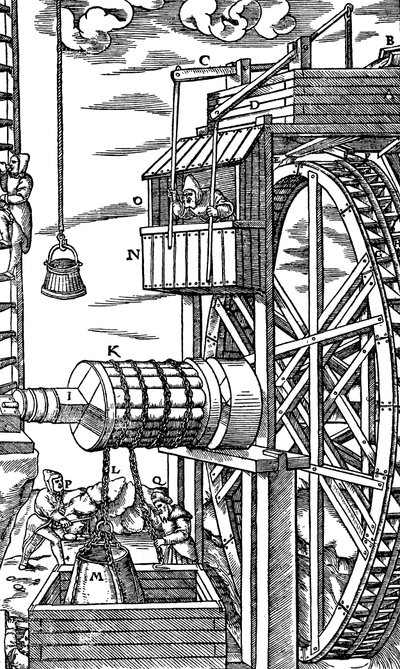 Oboustranný kladkostroj pro zvedání kožených kbelíků z důlní šachty, 1556 od Unbekannt