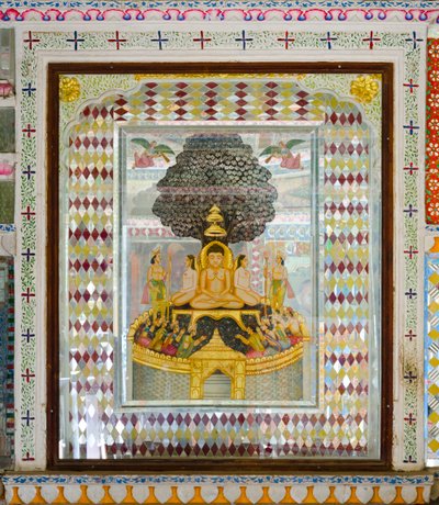 Bohatě zdobená náboženská umělecká díla v místnosti v sídle Patwon ki Haveli z 19. století, Jaisalmer, Rádžasthán, Indie (foto) od Unbekannt