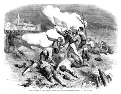 Ruští vojáci střílející na posádku anglických člunů, pod ochranou vlajky příměří, 1855 od Unbekannt