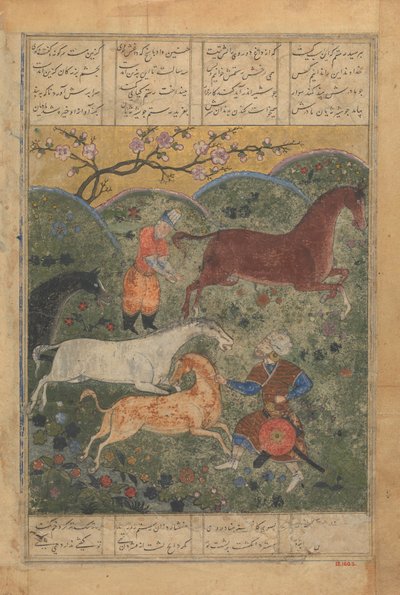 Rustam zajme koně Rakhsh, Folio ze Shahnama Book of Kings..., konec 15. století. od Unbekannt
