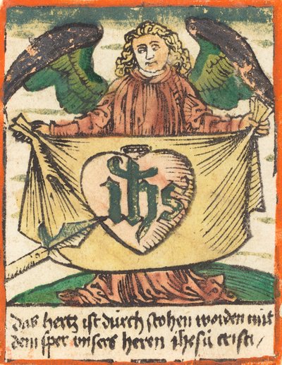 Posvátný monogram v posvátném srdci na látce držené andělem, c. 1480. od Unbekannt