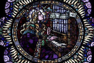 Svatý Petr mladší katolický kostel. Růžové okno. Sancta Cecilia, patronka hudebníků. Štrasburk. Francie. od Unbekannt