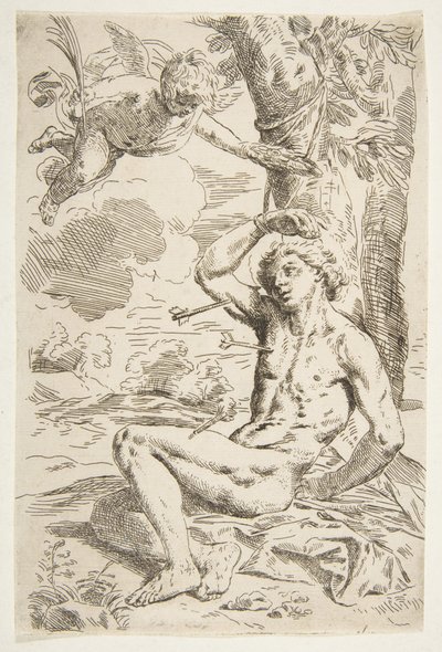 Svatý Sebastián probodnutý šípy a přivázaný ke stromu, kopie po Cantarini, ca. 1639 nebo později. od Unbekannt
