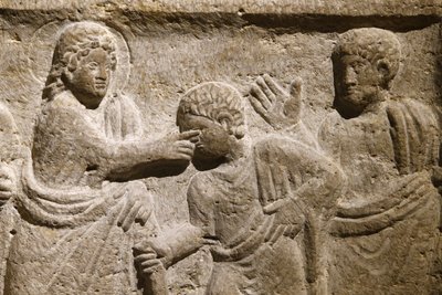 Opatství Saint Victor, Marseille. Detail sarkofágu: Ježíš uzdravuje slepého muže. Francie od Unbekannt