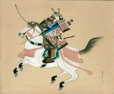 Samurajský válečník jedoucí na koni. Japonská malba na hedvábí v tradičním japonském stylu od Unbekannt