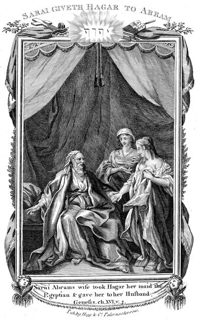 Sarah, Abrahamova manželka, protože je neplodná, nabízí Hagar svou služku svému manželovi, c1804 od Unbekannt