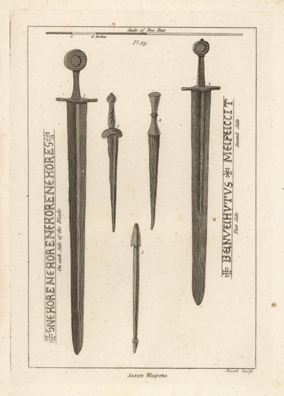 Saské zbraně: starověký železný meč 1,2 a dirky a dýky 3,4 nalezené v řece Wytham, Lincolnshire, a střela z kuše nalezená v táboře v Danbury, Essex 5 od Unbekannt