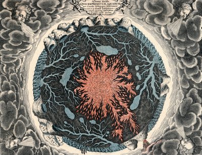 Pohled v řezu na Zemi, zobrazující centrální požární a podzemní kanály spojené s oceány, 1665 od Unbekannt