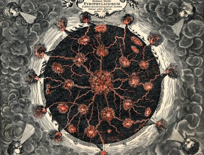 Pohled v řezu na Zemi, zobrazující centrální oheň a sopky, 1665 od Unbekannt