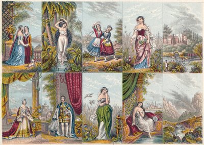 Řada pohledů a postav, včetně portrétu královny Viktorie a prince Alberta, 1851 od Unbekannt