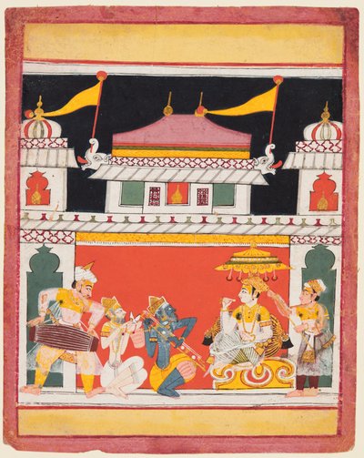 Shri Raga, ze série Ragamala, Tři hudebníci vystupují před šlechtou, c. 1650. od Unbekannt