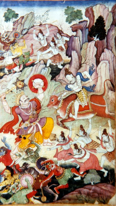Siva Destroys the Demon and Haka, Harivamsa rukopis, Mughal School, c1590 od Unbekannt