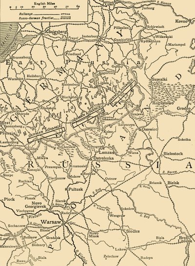 Náčrt mapy k ilustraci německého útoku severně od Varšavy v únoru 1915, c1920. od Unbekannt