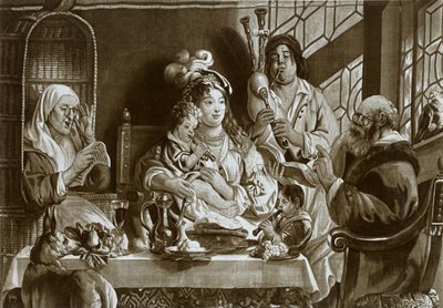 Sopránové zobcové flétny a dudy, bruselský gobelín navržený Jacobusem Jordaensem, 1948 od Unbekannt