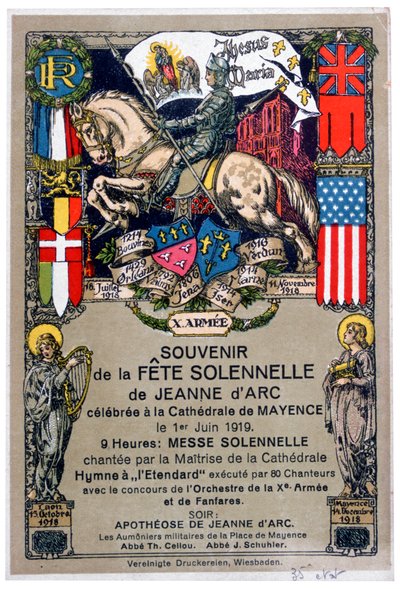 Suvenýr festivalu na počest Johanky z Arku, který se konal v Mohučské katedrále, Německo, 1919 od Unbekannt