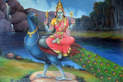 Hinduistický chrám Sri Mariamman. Sri Gowmari s pávem, symbolem Subramanyan. Singapur od Unbekannt