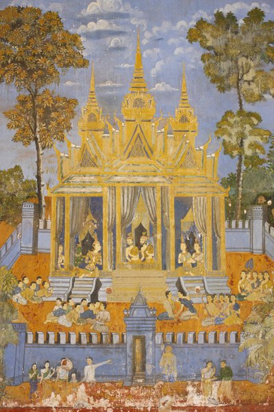 Sylver Pagoda Tato nástěnná malba zobrazuje scény z Reamker, což je kambodžská nebo khmerská verze klasické hinduistické básně Ramayana, Phnom Penh, Kambodža od Unbekannt