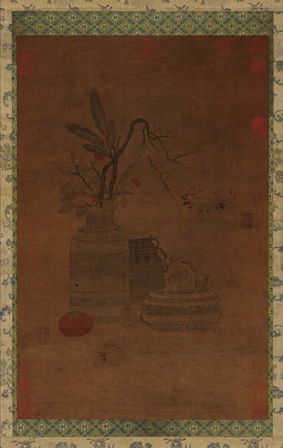 Tapiserie: miska, dvě sklenice, květiny a ovoce, možná dynastie Ming, 1368-1644. od Unbekannt