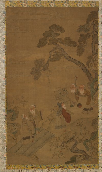 Gobelín: pět mudrců v zahradě pod borovicemi, dynastie Ming až dynastie Qing, 1368-1911. od Unbekannt