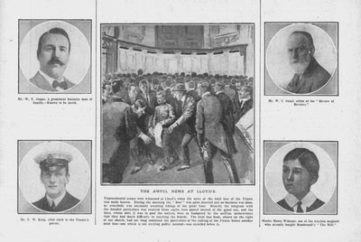 The Awful News v Lloyds, s portréty některých z těch na palubě Titaniku, 20. dubna 1912. od Unbekannt