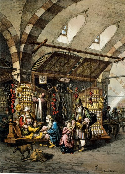Konstantinopolský bazar (souk), barevná litografie od Unbekannt