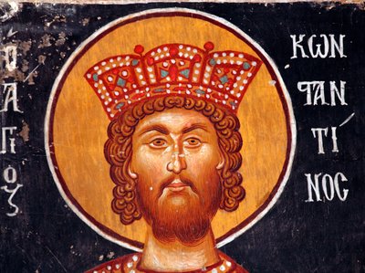 Byzantská freska z 15. století (Detail): Nástěnná malba císaře Konstantina Kostel archanděla Michaela v Pedoulas Kypr Malované kostely UNESCO Troodos, Kypr od Unbekannt