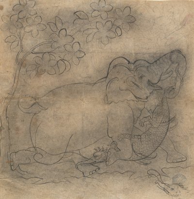 Sloní král zápasil s krokodýlem: Ilustrace ze série Gajendra Moksha, konec 19. století. od Unbekannt