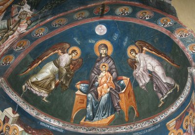 Panna trůnící s Kristem Emanuelem s archanděly Michaelem a Gabrielem, 14. století od Unbekannt