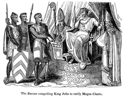 Baroni nutí krále Jana 1167-1216, aby ratifikoval Magna Chartu, 1215 od Unbekannt
