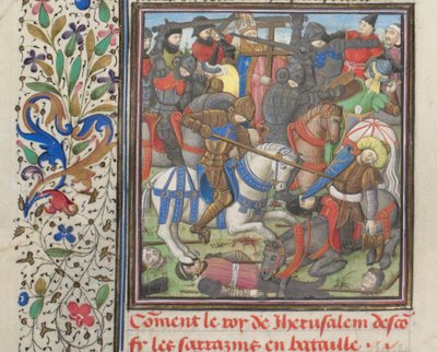 Bitva mezi křižáky a Saracény. Miniatura z Historia od Viléma z Tyru, 60. léta 14. století od Unbekannt
