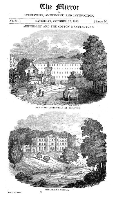 První továrna na bavlnu v Cromfordu, Derbyshire a dům Richarda Arkwrighta, 1836 od Unbekannt