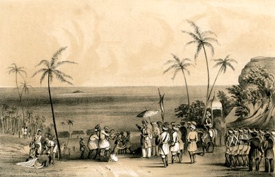Obchodníci z Calicut se zmocnili a připoutali řetězy k holé skále na příkaz Tippoo Saiba, 1847 od Unbekannt