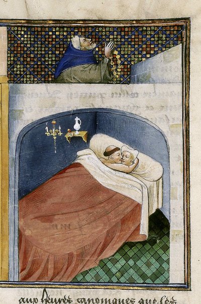 Mnich spí s manželkou, zatímco manžel se modlí, 1460s. od Unbekannt