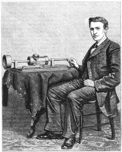 Thomas Alva Edison, americký vynálezce, s raným ručně řízeným modelem svého fonografu, 1878 od Unbekannt