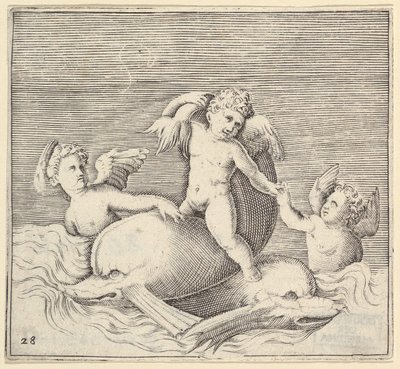 Tři amorové a dva delfíni, publikoval ca. 1599-1622. od Unbekannt