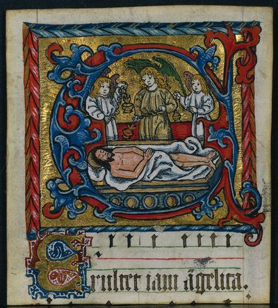 Tři výstřižky z misálu: Iniciála E s anděly z hrobu, c. 1470-1500. od Unbekannt