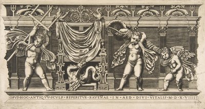 Tři amorové před průčelím s pilastry, jeden drží trojzubec a druhý..., ca. 1515-1600. od Unbekannt
