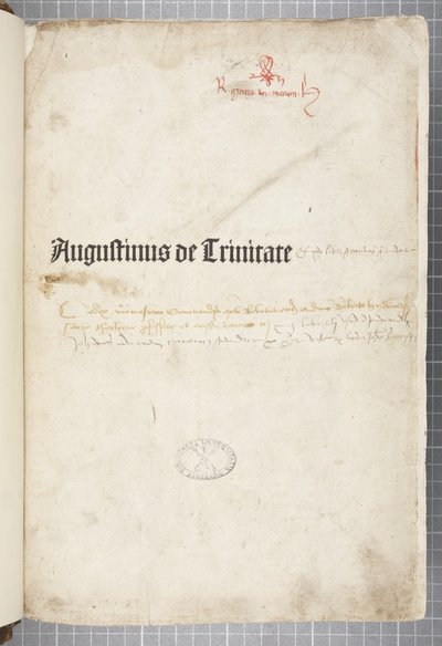 Titulní strana De trinitate a De Civitate Dei cum commento, kterou napsal Augustine z Hippo (pero a inkoust na papíře) od Unbekannt