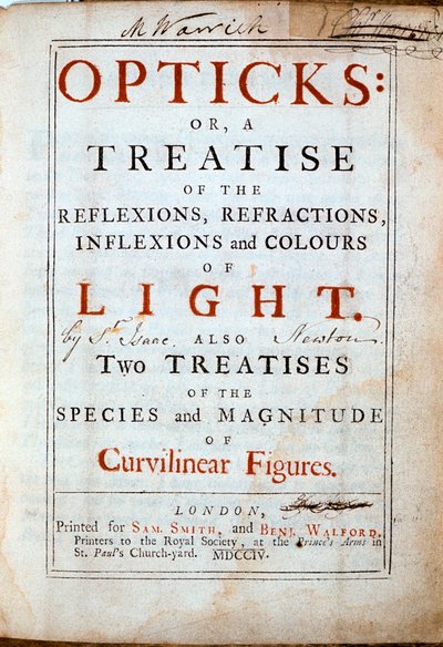 Titulní strana knihy Opticks od anglického vědce a matematika Isaaca Newtona, 1794 od Unbekannt