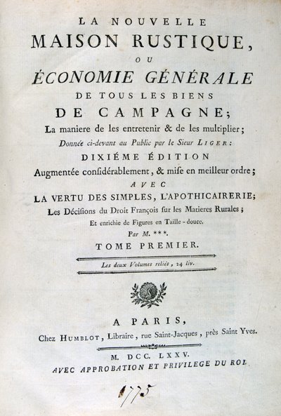 Titulní strana k La Nouvelle Maison Rustique, ou Economie Générale, 1775 od Unbekannt