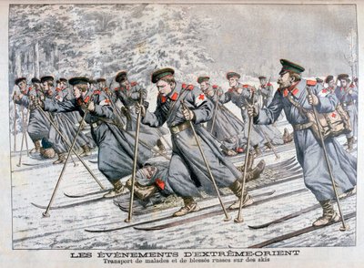 Přeprava nemocných a zraněných ruských vojáků na lyžích, rusko-japonská válka, 1904 od Unbekannt