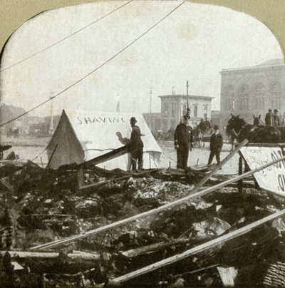Pravá drť - Barber malba nápisu na stanu nataženém na chodníku bývalého místa, 1906. od Unbekannt