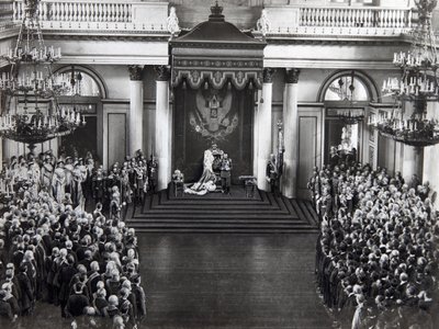 Car Nicholas II mluví při otevření první dumy, Petrohrad, Rusko, 27. dubna 1906 od Unbekannt