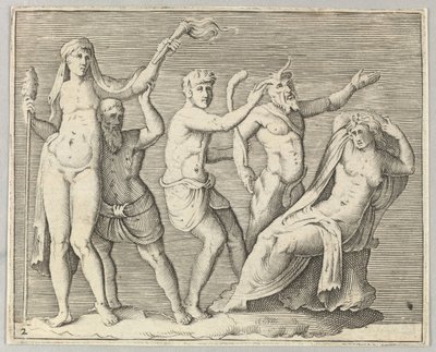 Dvě postavy, Faun a Satyr se blíží k ležící ženě, publikované ca. 1599-1622. od Unbekannt