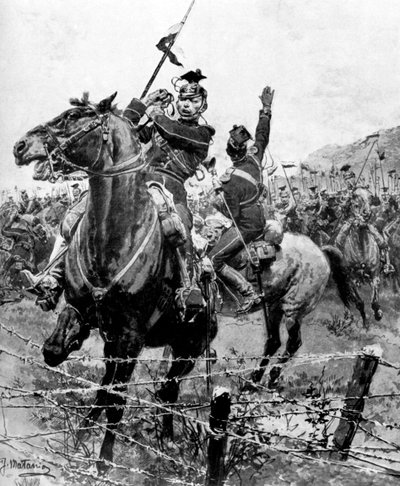 Uhlans zkontrolován ostnatým drátem poblíž Lutychu, Belgie, první světová válka, 1914 od Unbekannt