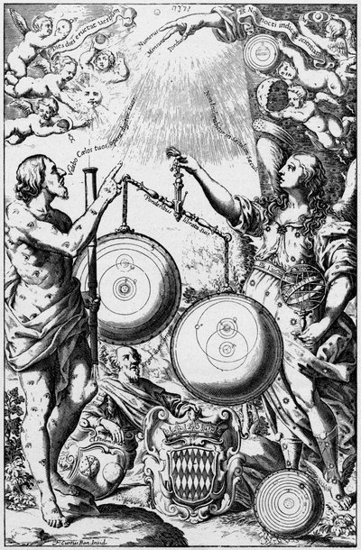 Urania, múza astronomie, vážení a porovnávání systémů vesmíru, 1651 od Unbekannt