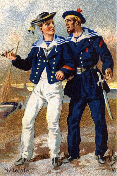 V: Námořníci. Rytina ve "vojenské abecedě" . Iniciály ilustrátora: A. D. Neznámý vydavatel. Chromolitografie konce 19. století. Rozměr: 10,5 x 7 cm. od Unbekannt