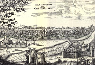 Ilustrace Velikiy Novgorod z Cesty k velkému vévodovi z Muscova a králi Persie od Adama Olearia, 1656 od Unbekannt